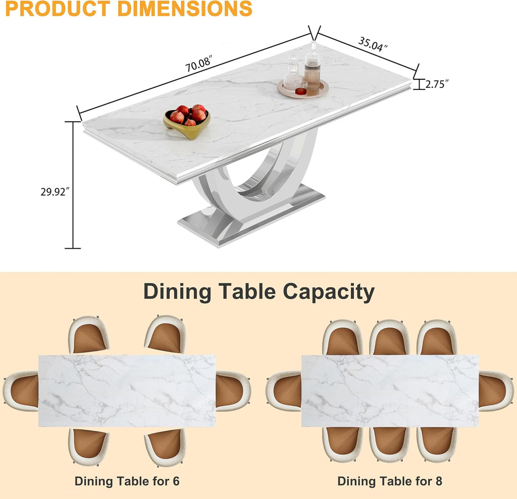 70' White Faux Marble Rectangular Dining Table, Luxury Kitchen Dinner Table for 6-8, Mid Century Modern Design with Silver Stainless Steel U Pedestal