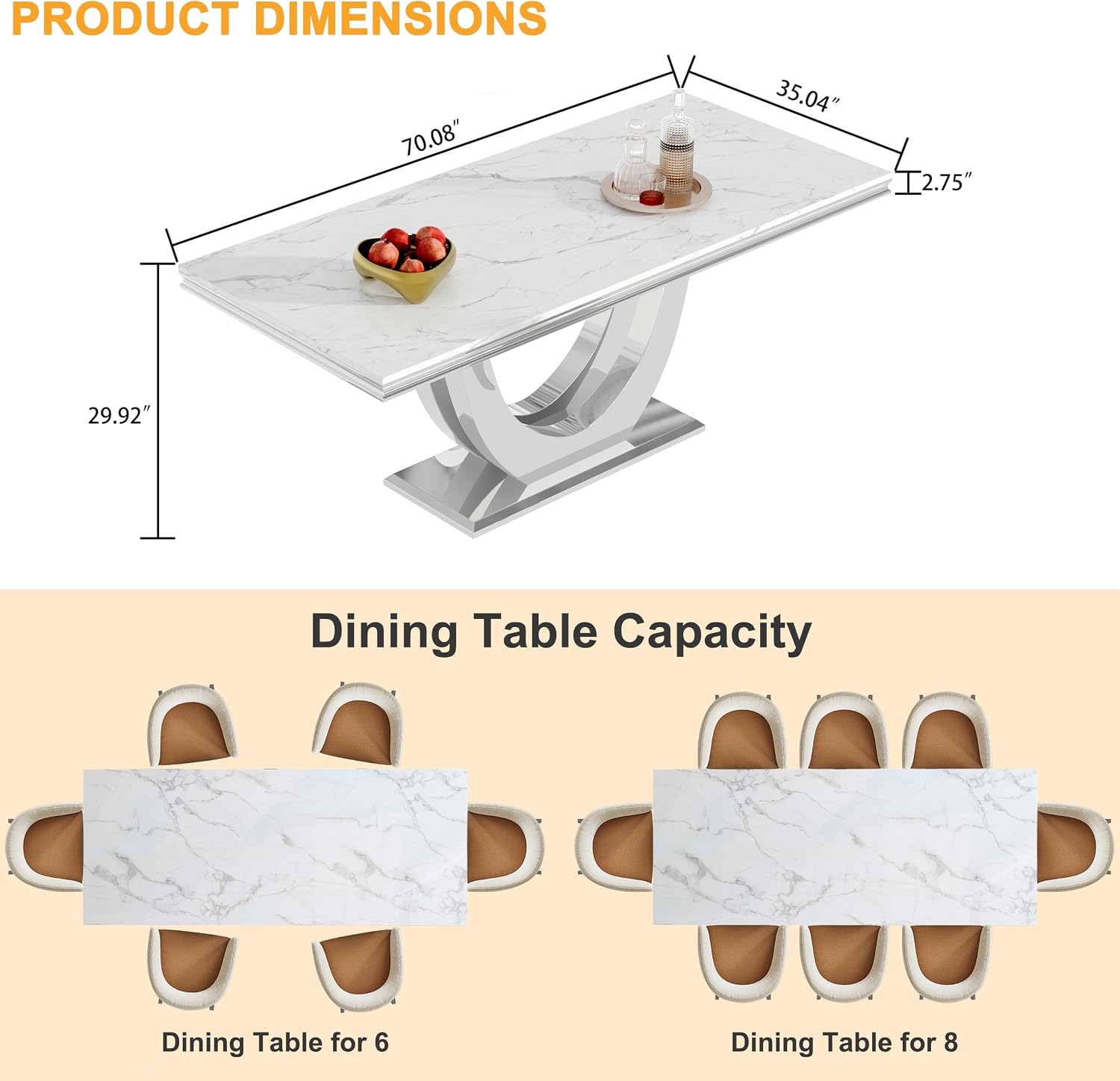 70' White Faux Marble Rectangular Dining Table, Luxury Kitchen Dinner Table for 6-8, Mid Century Modern Design with Silver Stainless Steel U Pedestal