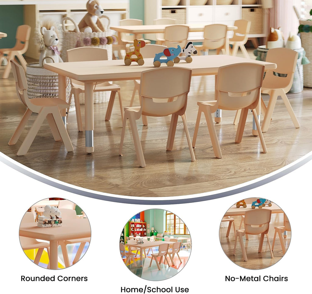 Flash Furniture Adjustable Classroom Activity Table with 6 Stackable Chairs, Rectangular Plastic Activity Table for Kids, 24' W x 48' L, Natural