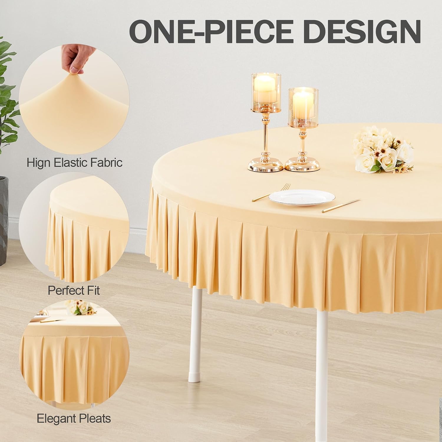 6 Pack Champagne Spandex Tablecloths for 60 inch Table, Stretchy Fitted 5FT Table Cloths Wrinkle Free Covers with Skirt for Wedding Banquet Birthday Party Buffet Restaurant