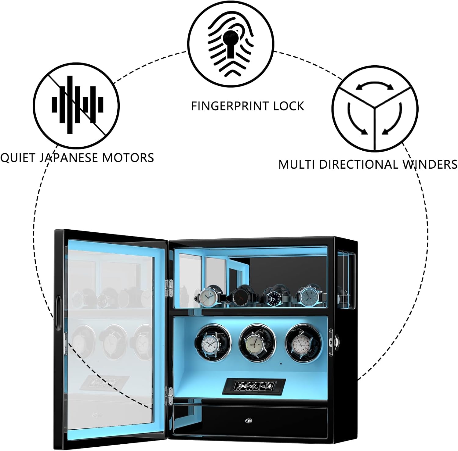 DUKWIN Watch Winder, Fingerprint Lock Automatic Watch Winder for 3/6/9 Watches with 4 Holders,300-2300 TPD,Digital Display, Remote Control,Jewelry Storage and Adjustable Watch Pillow and LED Light