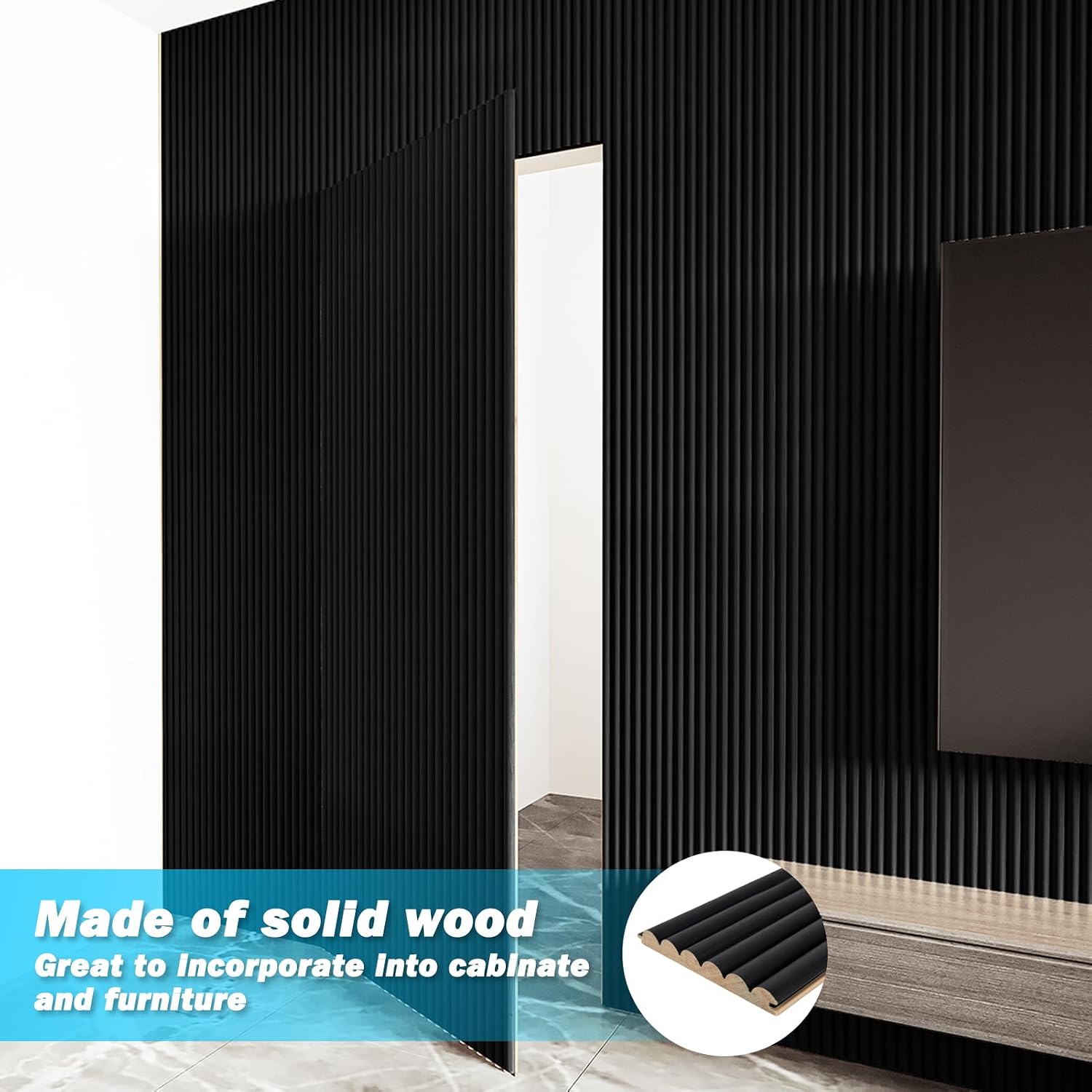 Art3d Fluted Wood Panel - 108 x 5.7 x 0.7in for Wall & Ceiling, Beaded Accent Molding for Home Decoration, Pack of 4pcs + 1pc End-Trim, Beaded Black