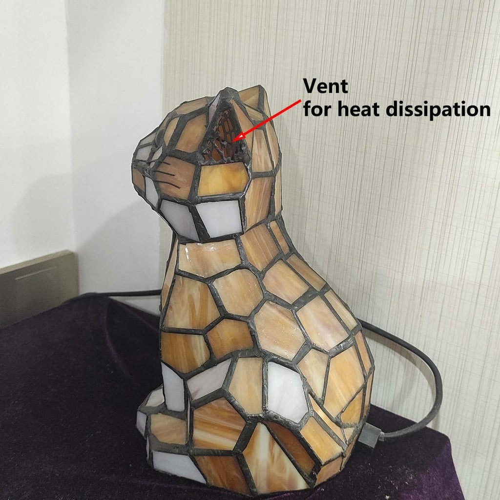 Bieye L10211 Cute Cat Waits for Someone to Play with Tiffany Style Stained Glass Accent Table Lamp Night Light for Home Decoration (One Cat, Yellow)