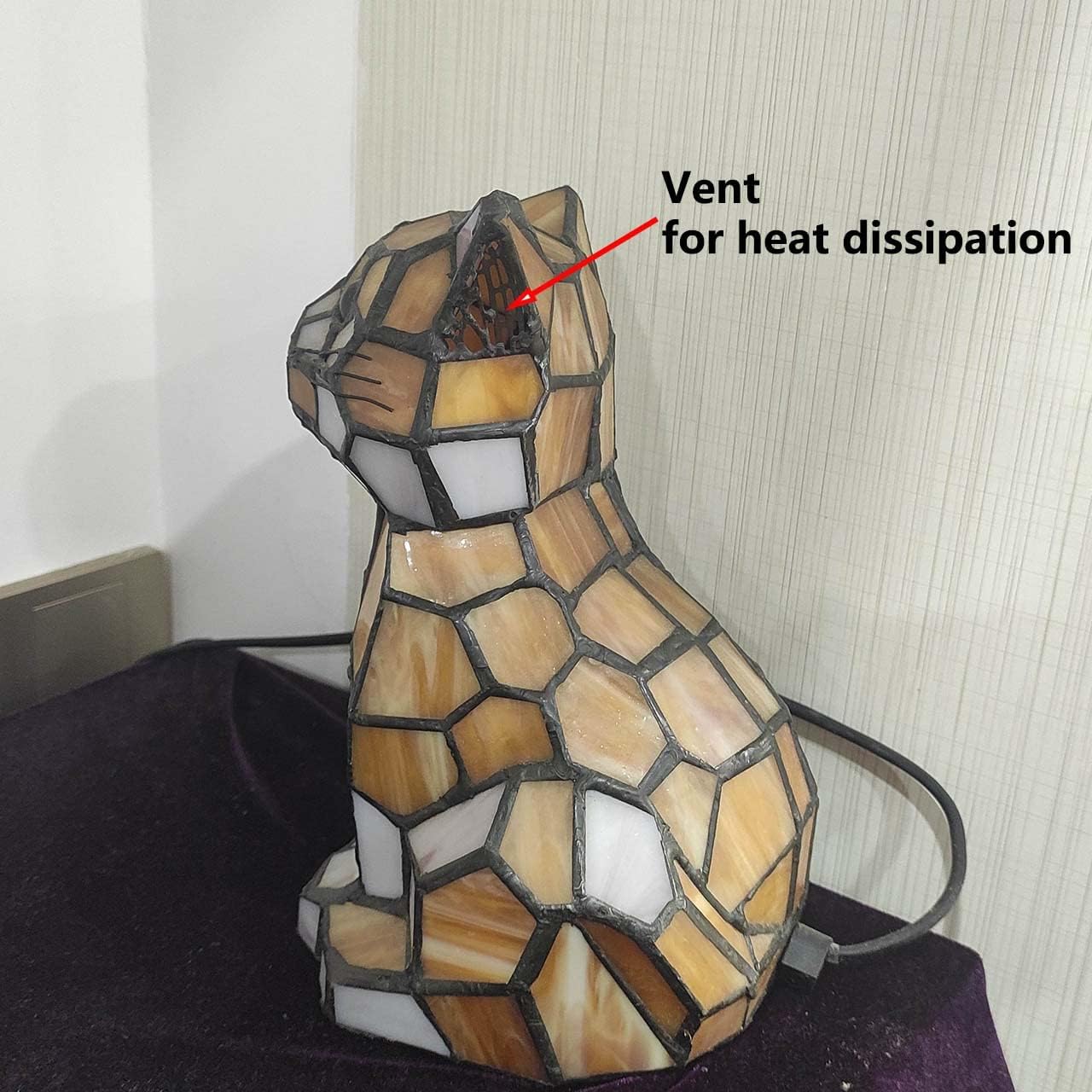 Bieye L10211 Cute Cat Waits for Someone to Play with Tiffany Style Stained Glass Accent Table Lamp Night Light for Home Decoration (One Cat, Yellow)