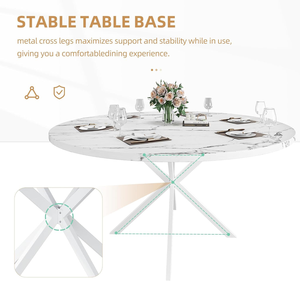 47.24' Round Dining Table for 4-6 Person, Round Kitchen Table with Wood Top, Circle Dinner Pedestal Tables with Metal Legs for Dining Room Kitchen (White Marble)