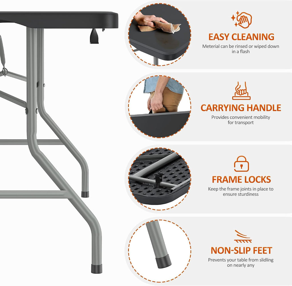 8 Foot Folding Table 350 LBS Heavy Duty, 18% Thicker HDPE Waterproof Top, Portable Fold in Half with Carry Handle and Safety Locks, Reinforced Steel Frame for Indoor Outdoor Party Events