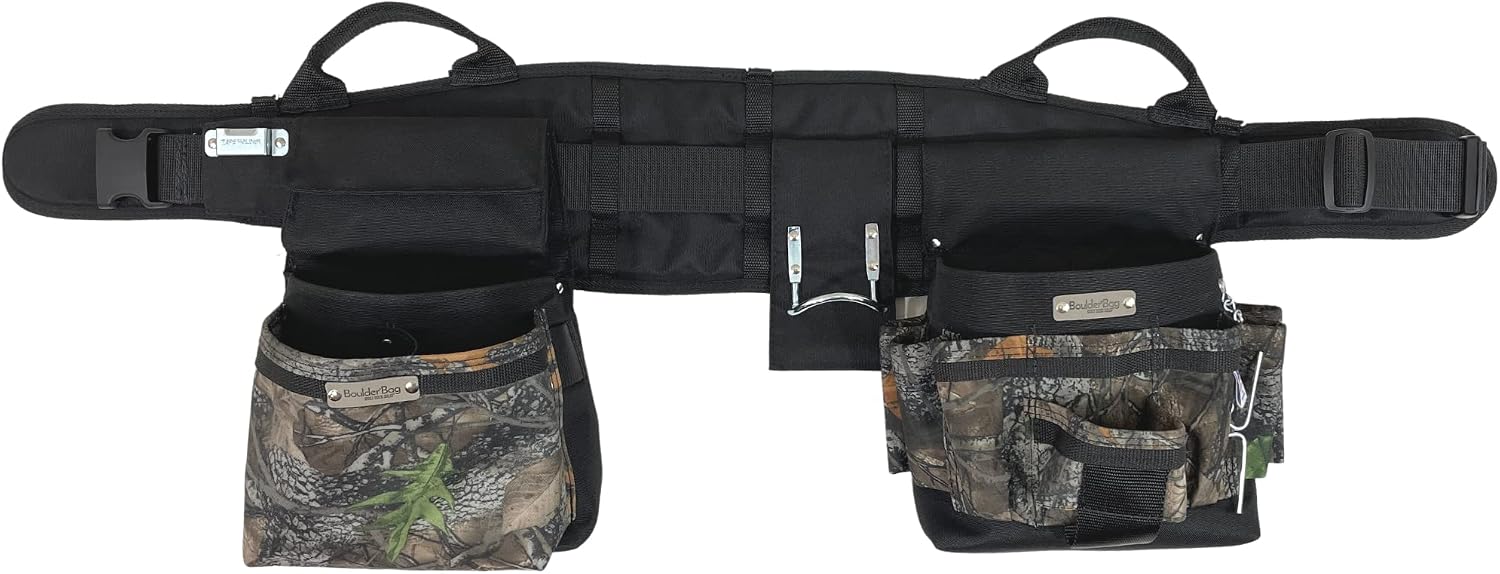 BOULDER BAG Ultimate Electrician's MAX Combo with Comfort Back Support Tool Belt, Quick Release Buckle, Heavy Duty Tool Belt, Camo - Backwoods, (Medium 28-32 Inch Waist), Made in USA