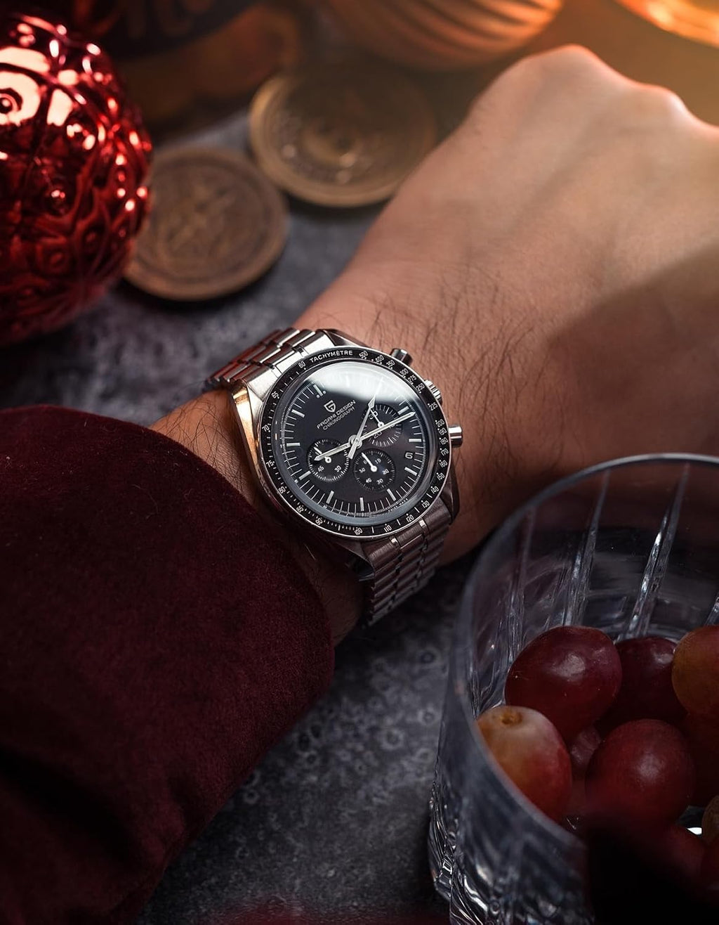 Pagani Design 1701 Men's Watch, Chronograph, VK63 Japanese Quartz Movement, Stainless Steel Bracelet, Water Resistant to 330 Feet (100 Meters), Sapphire Glass Wristwatch.