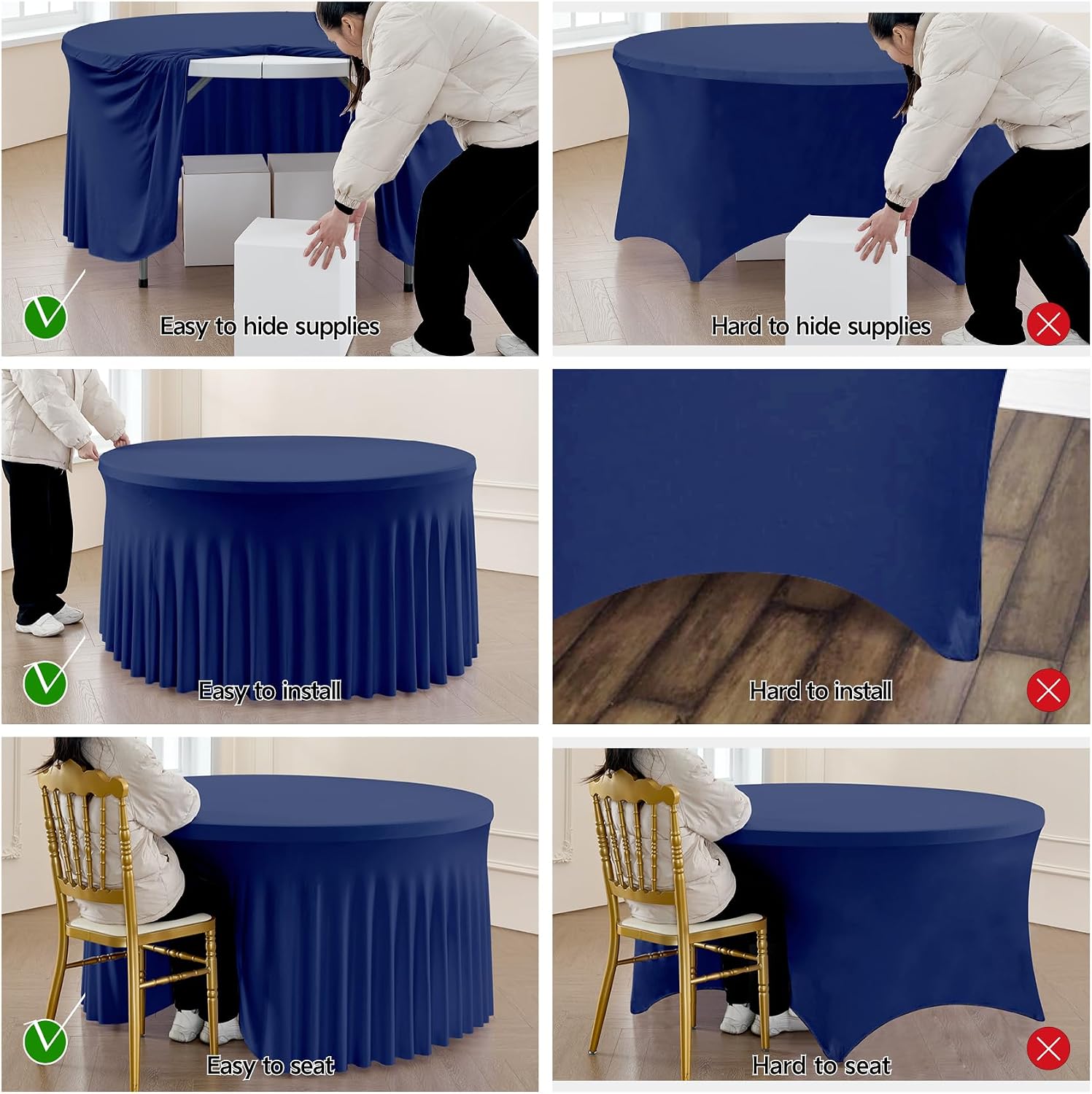 Outpain 8 Pack Navy Blue Spandex Round Tablecloths - Fitted 132in Wrinkle Free Table Covers with Skirt for 72in Table, Wedding Party Dining Banquet
