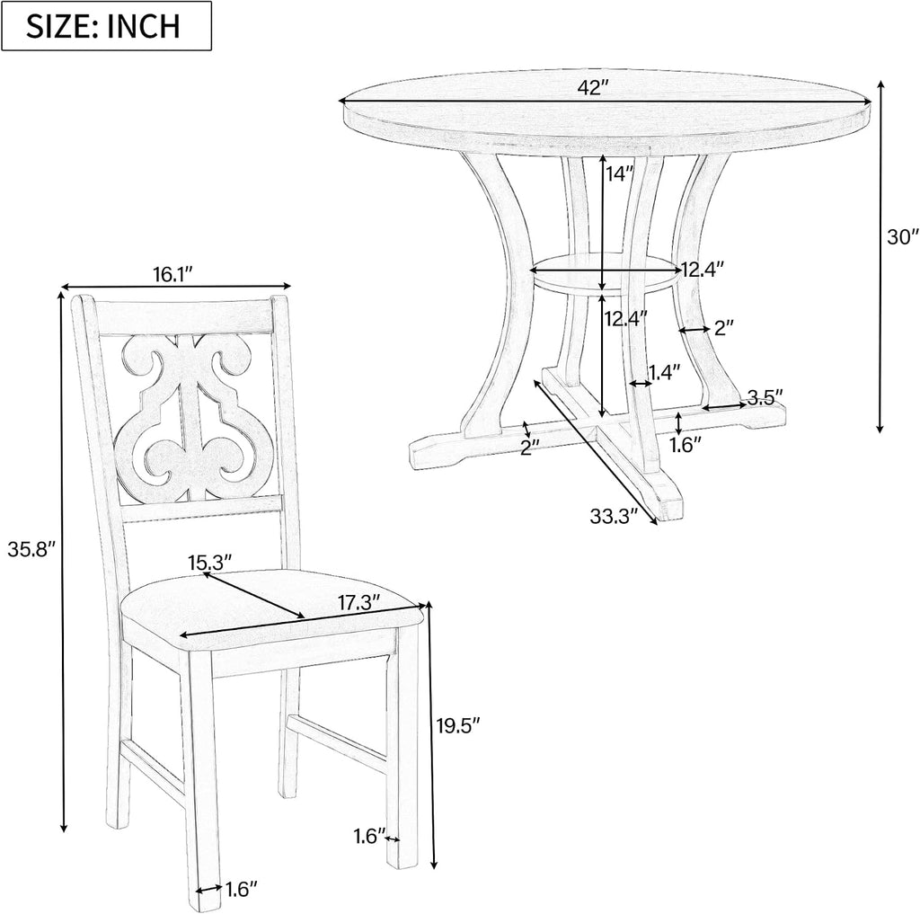Harper & Bright Designs 5-Piece Round Table Set with Shelf, Wooden Family Dining Table