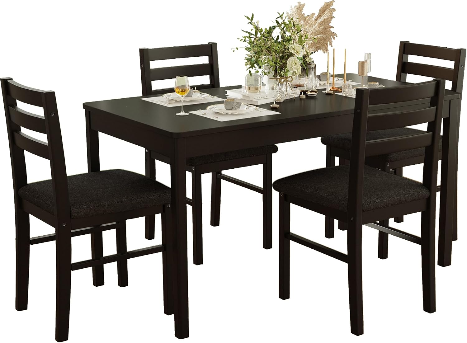 5-Piece Solid Wood Indoor Modern Rectangular Dining Table Set for 4,Table and 4 Chairs Set with Soft Cushions for Kitchen,Bar,Living Room,Breakfast Nook,Black