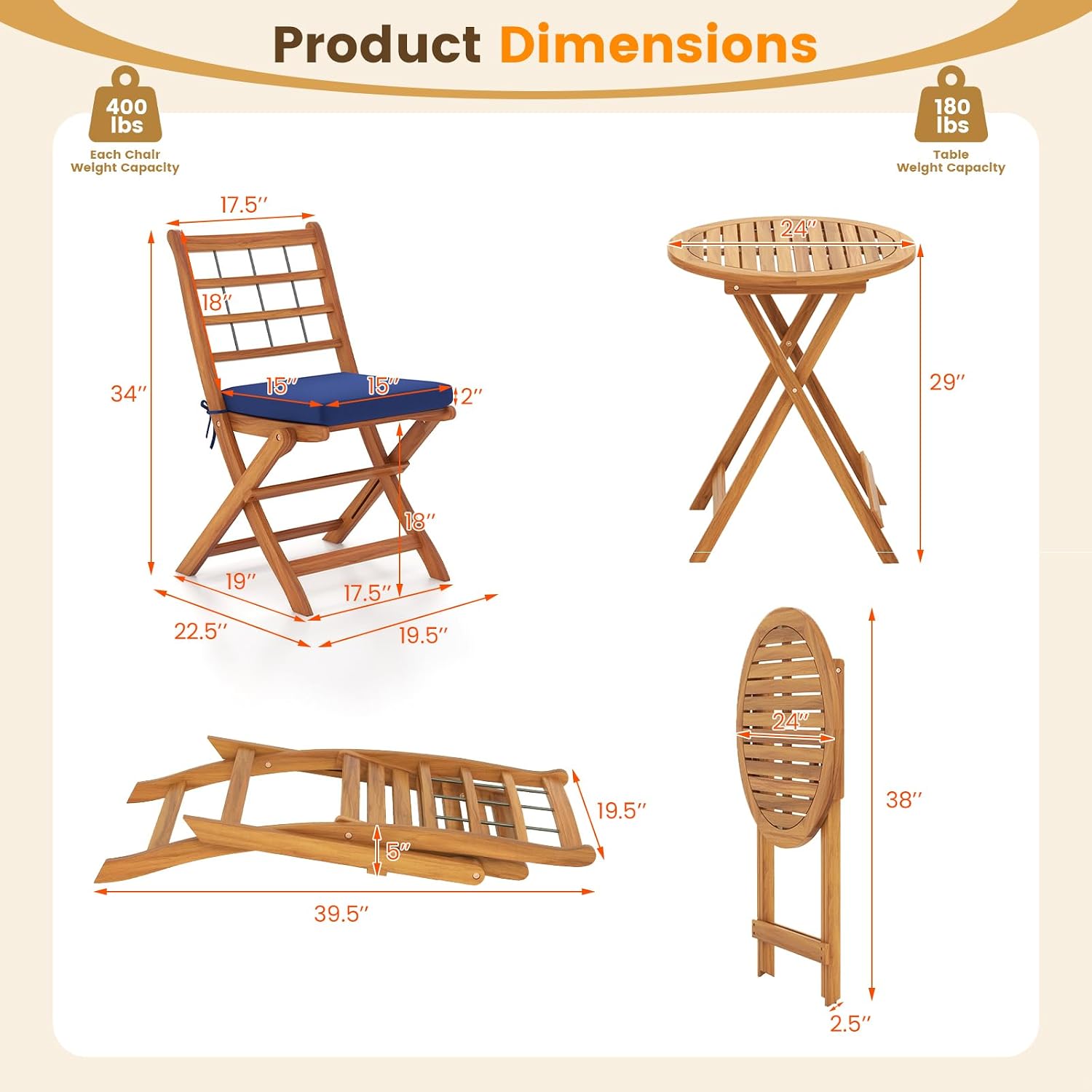 Tangkula 3 Piece Patio Wood Bistro Set, Folding Table Chair Set w/Soft Seat Cushions, Acacia Wood Frame, High-Back Portable Chairs w/Table for Backyard, Poolside (Navy)