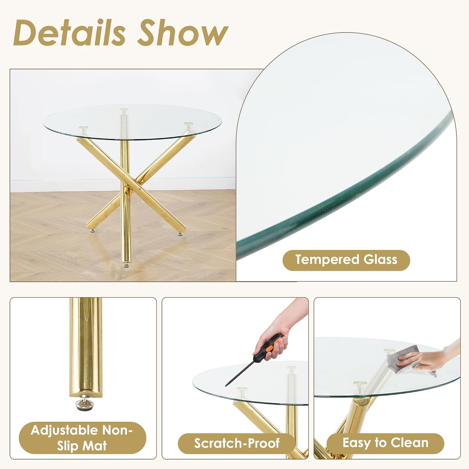 5 Pieces Gold Round Glass Dining Table Set, Modern Luxury Circle Kitchen Set for 4, 36'' Clear Minimalist Circular Glass Top Dinner Room Set, Black High-end Tufted Chairs, for Small Place