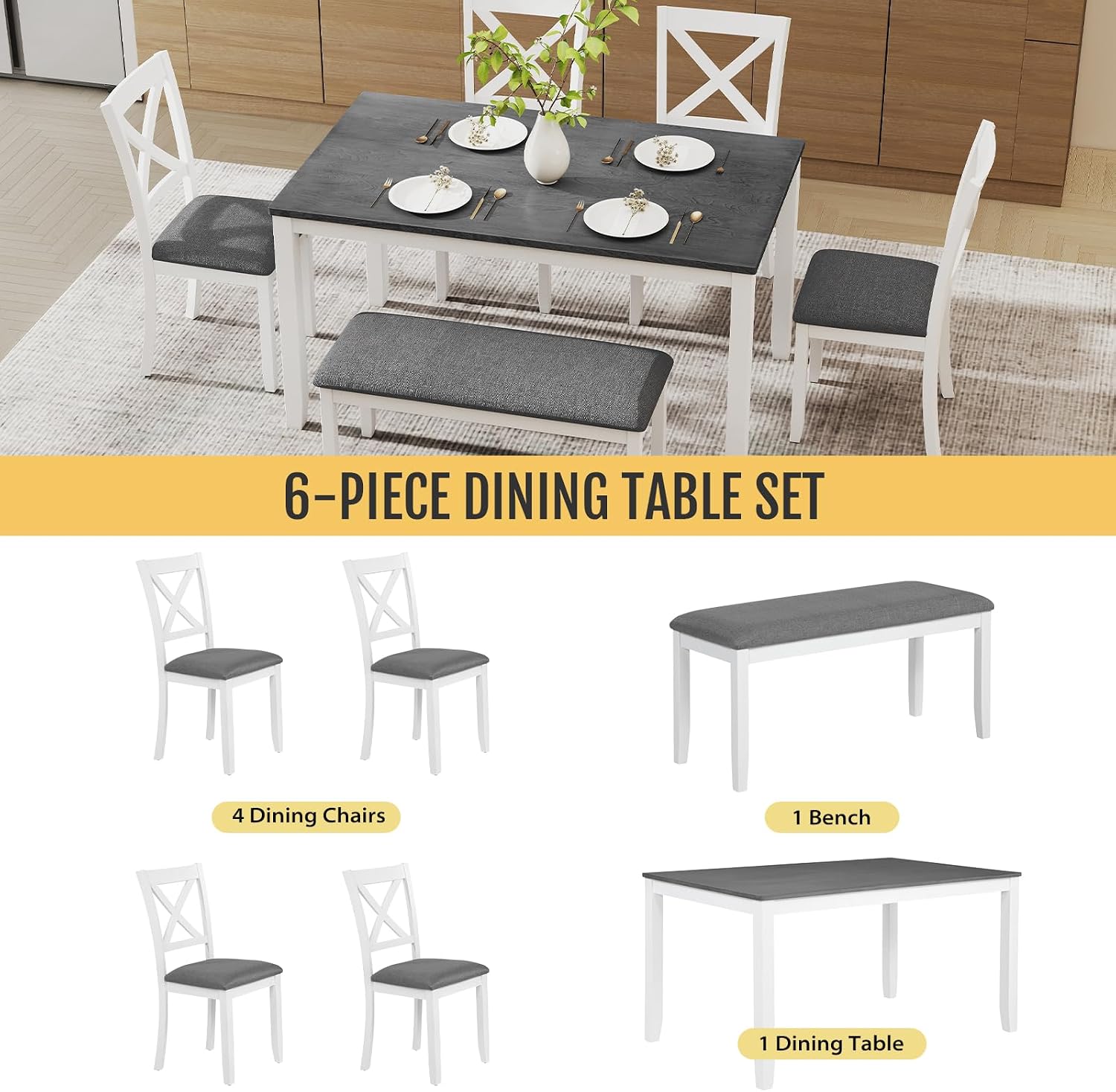 Zevemomo 6-Piece Solid Wood Dining Table Set, Including 1 Dining Table, 4 Upholstered Chairs and 1 Bench, Wooden Legs Dining Table Set for Dining Room, Kitchen, Restaurant, White