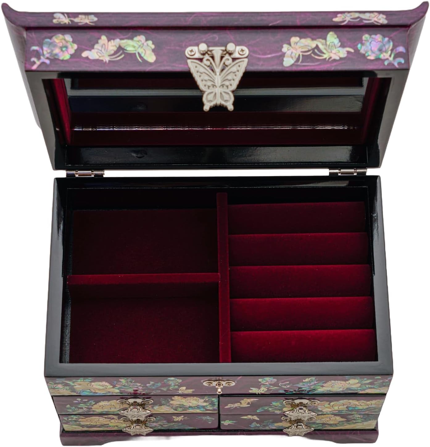 February Mountain Mother of Pearl Wooden Jewelry Organizer Box – Jewelry Storage Box for Women, Features Spacious Drawers, Ideal for Rings, Bracelets, Watches, Chains, Accessories (Peony_Purple)