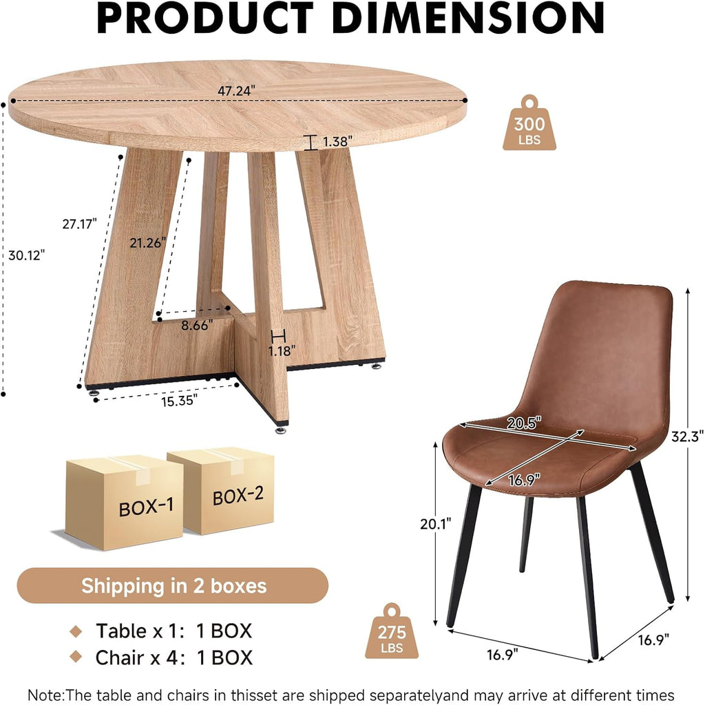 47 inch Round Dining Table Set for 4 with Chairs Kitchen Table and Chairs Set Mid-Century Modern Round Wood Kitchen Tables with Upholstered Synthetic Leather Chairs Set of 4