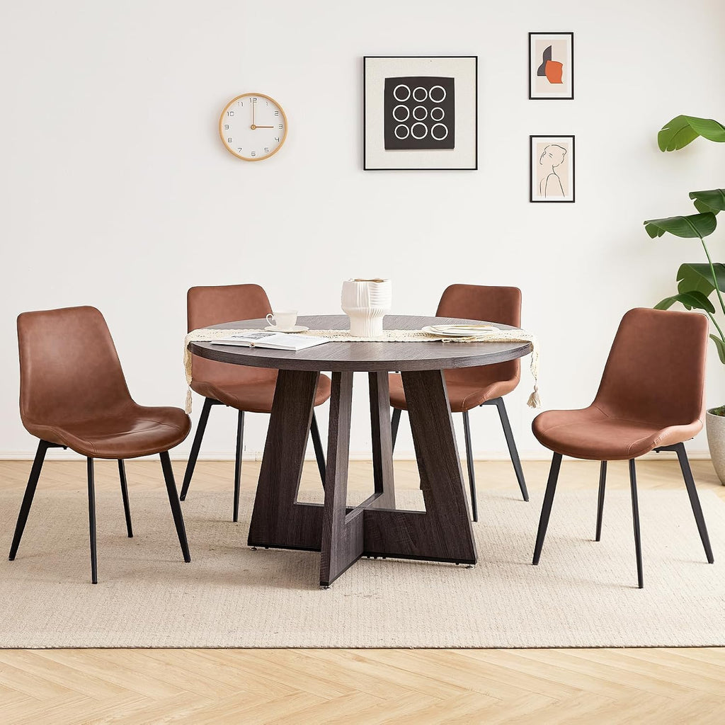 47 inch Round Dining Table Set for 4 with Chairs Kitchen Table and Chairs Set Mid-Century Modern Round Wood Kitchen Tables with Upholstered Synthetic Leather Chairs Set of 4
