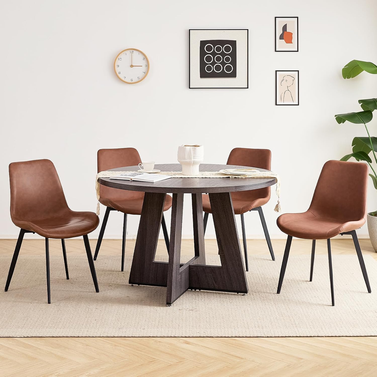 47 inch Round Dining Table Set for 4 with Chairs Kitchen Table and Chairs Set Mid-Century Modern Round Wood Kitchen Tables with Upholstered Synthetic Leather Chairs Set of 4
