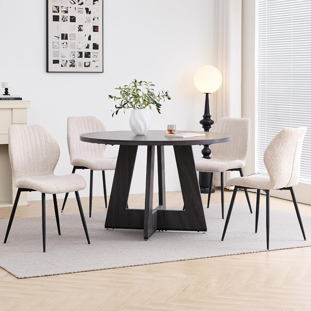 47' Round Dining Table Set for 4 with Chairs Kitchen Table and Chairs Set Mid-Century Modern Chair with Metal Leg for Apartment Living Room(Dark Gray Table with 4 Beige Chairs)