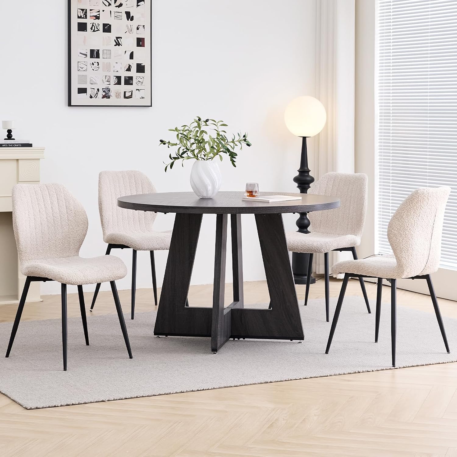 47' Round Dining Table Set for 4 with Chairs Kitchen Table and Chairs Set Mid-Century Modern Chair with Metal Leg for Apartment Living Room(Dark Gray Table with 4 Beige Chairs)