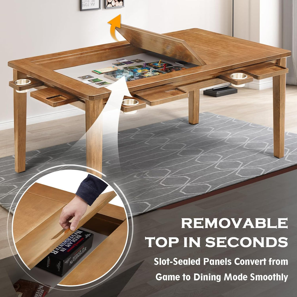 Haddockway 63' ×39' Board Game Table with Removable Top, Solid Wood Dining/Gaming Table for 4-6 Players with Play Mat, 6 Detachable Cup Holders & 6 Hobby Trays(Rosewood)