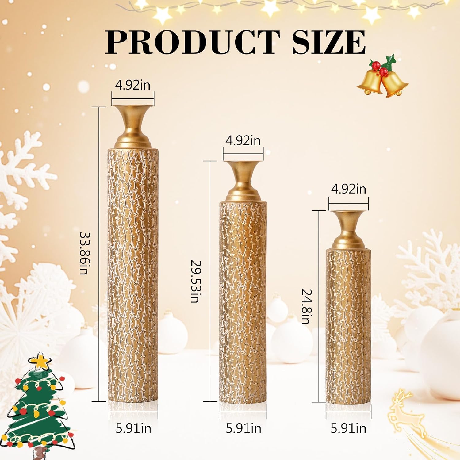 Floor Metal Decorated Vases Set of 3 for Gorgeous Home Decoration Large Glazed Metal Vases (Matte Gold)