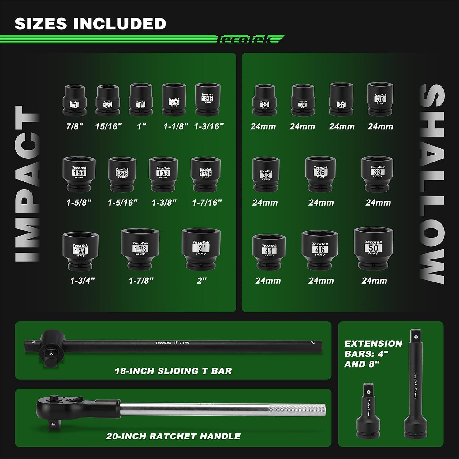 TecoTek 3/4' Drive Shallow 6-Point Impact Socket Set, 27-Piece Jumbo Assortment, CR-MO, SAE (7/8-Inch to 2-Inch) and Metric (22mm to 50mm), Ratchet Handle with Extensions