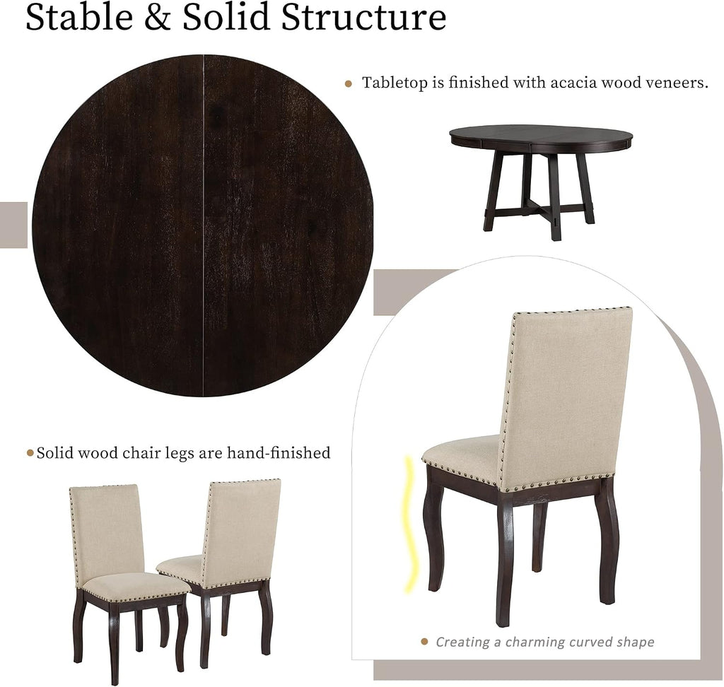 Harper & Bright Designs Kitchen Dining Table Set for 4, Wood Round Extendable Dining Table and 4 Dining Chairs Dining Table Set (Espresso), ST000074AAP-MZJ