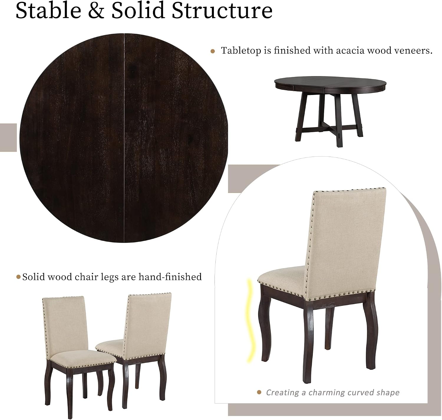 Harper & Bright Designs Kitchen Dining Table Set for 4, Wood Round Extendable Dining Table and 4 Dining Chairs Dining Table Set (Espresso), ST000074AAP-MZJ