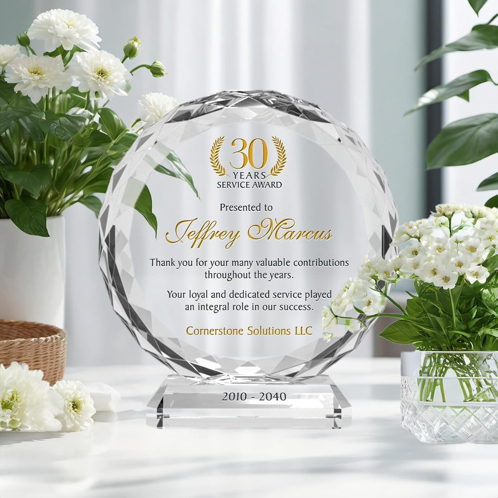 Personalized Crystal Sunflower Employee Recognition Plaque – Custom Award for Years of Service, Engraved with Name, Company & Milestone – 5, 10, 15, 20, 30 Year Work Anniversary Award (L - 8')
