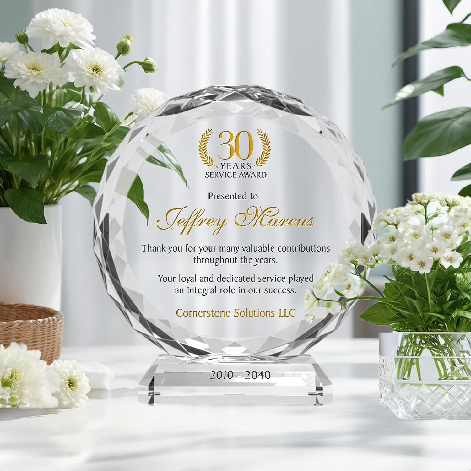 Personalized Crystal Sunflower Employee Recognition Plaque – Custom Award for Years of Service, Engraved with Name, Company & Milestone – 5, 10, 15, 20, 30 Year Work Anniversary Award (L - 8')