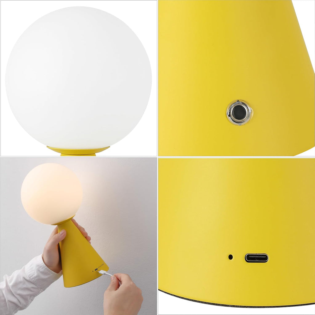 JONATHAN Y 11.75' Yellow Macie Modern Globe Cordless Table Lamp Set of 2, Rechargeable Dimmable Integrated LED Touch Sensor Bedside Lamp, White Frosted Glass Shade JYL7159A-SET2
