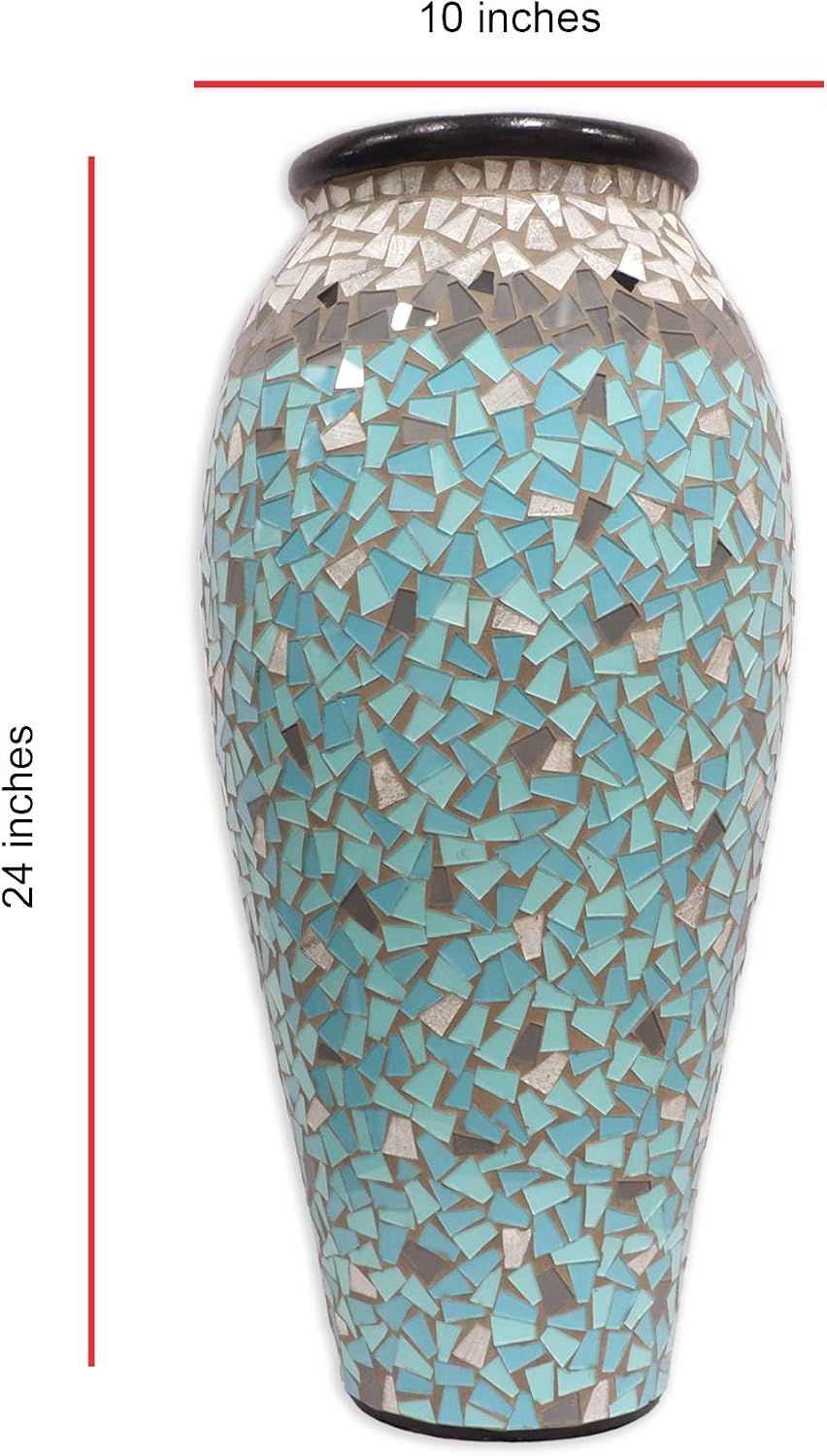 Floor Vase, 24 Inch Mosaic Vase – Tall Cylinder Made of Terracotta with Sky Blue and Teal Glass Mosaic Pieces – Handcrafted Decorative Home Décor Accent Piece for Bedroom, Living Room, Office