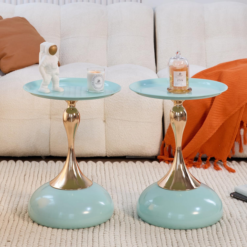 2-Pack Light Green Sleek Hourglass Side Table - Modern Stylish Accent Table with Glossy Finish & Metallic Detail - Ideal Decor for Living Room, Bedroom & Home Spaces