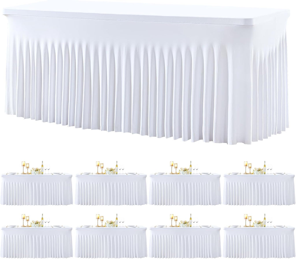gogoparti 8 Pack Spandex White Fitted Table Cloth for 6ft Rectangle Tables White Stretch Tablecloth Table Covers Skirt Banquet Wrinkle Free Tablecloths for Parties Wedding