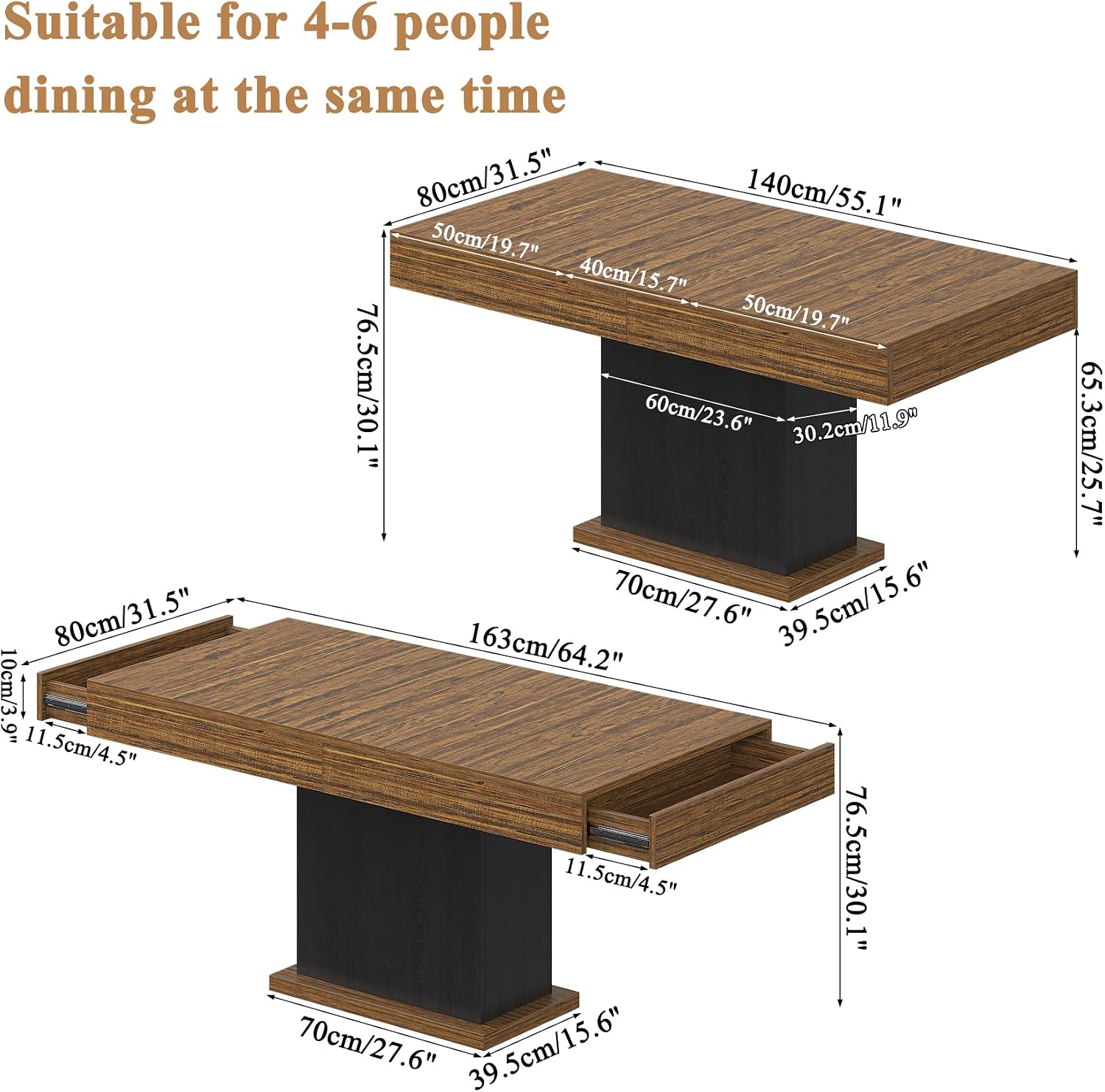 Dining Table with Drawers for 4-6 People, 55 Inches Dinner Table with Led Lights Wooden Pedestal Base, Rectangular Kitchen Table for Kitchen, Living Room, Black& Rustic Brown