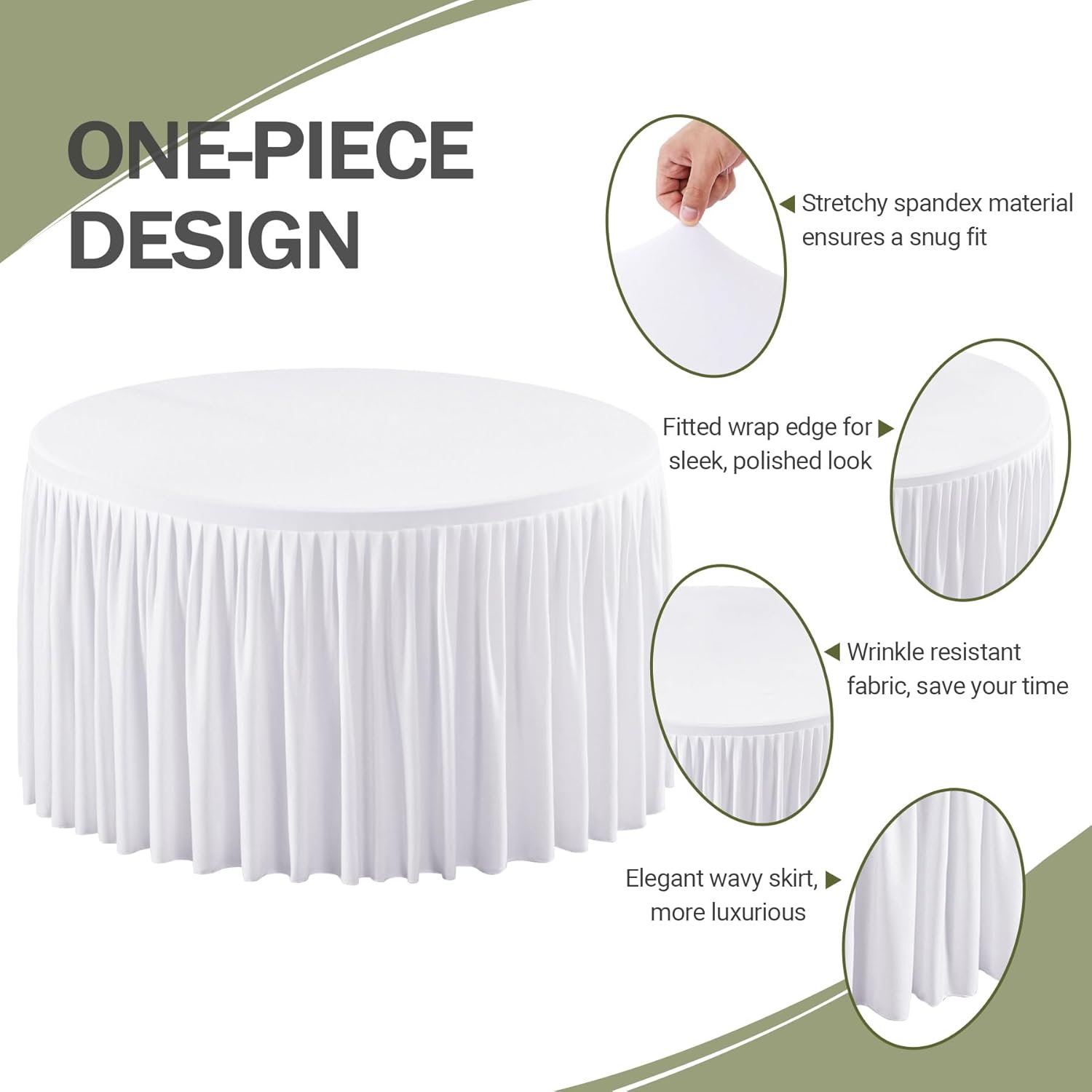 Wish Care 6 Packs 5FT Round Tablecloth 60 Inch, White Stretchy Fitted Table Cloths, Wrinkle Resistant Polyester Table Cover with Pleated Ruffle Skirt for Party, Wedding and Banquet Decoration