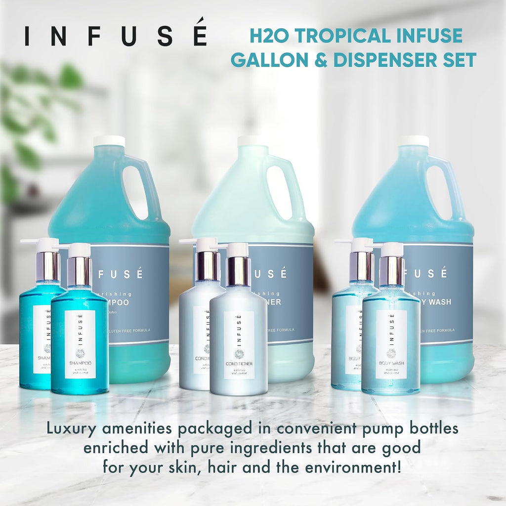 Terra Pure H2O Tropical Infuse Gallon & Dispenser Set | Shampoo, Conditioner, Body Wash Gallons | Refillable 10.14oz Pump Bottles