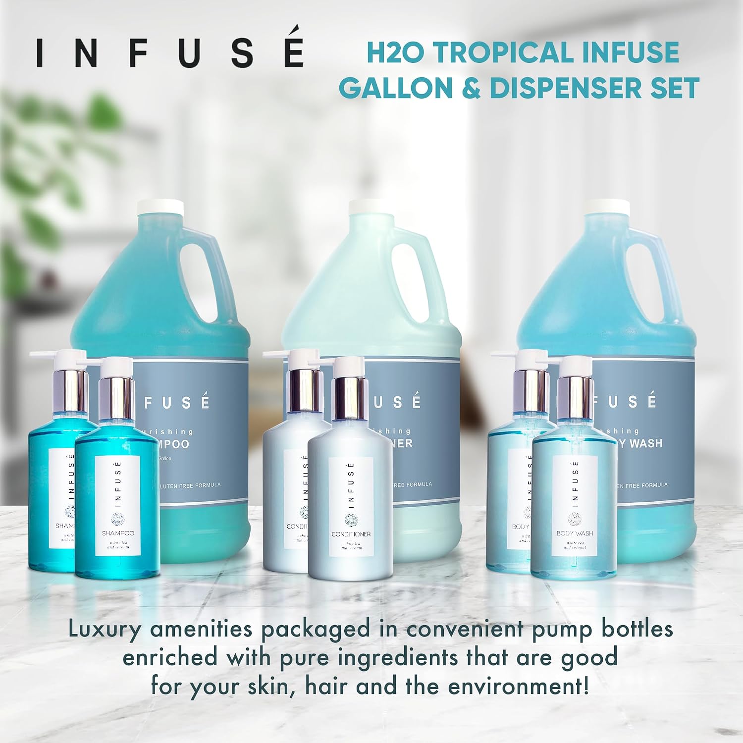 Terra Pure H2O Tropical Infuse Gallon & Dispenser Set | Shampoo, Conditioner, Body Wash Gallons | Refillable 10.14oz Pump Bottles