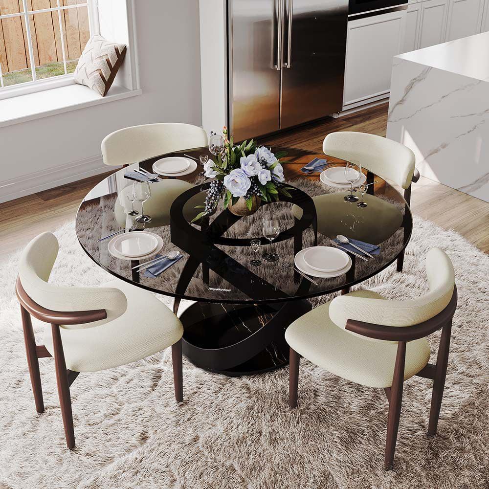 POVISON 51' Modern Round Dining Table, Glass Round Kitchen Table for 4, Tempered Glass Dining Room Table top with Black X Carbon Steel Base (Dining Table Only)