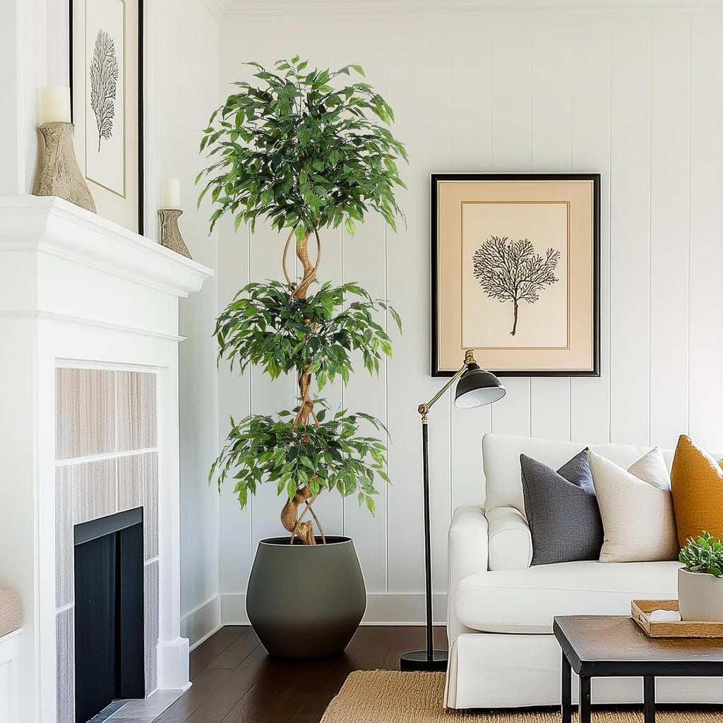 GarveeHome Ficus Artificial Tree with Curved Trunk，6 ft Faux Plant Fake Silk Trees with White Pot, Fake Ficus Tree for Home Decor, Artificial Plants Indoor for Office Living Room