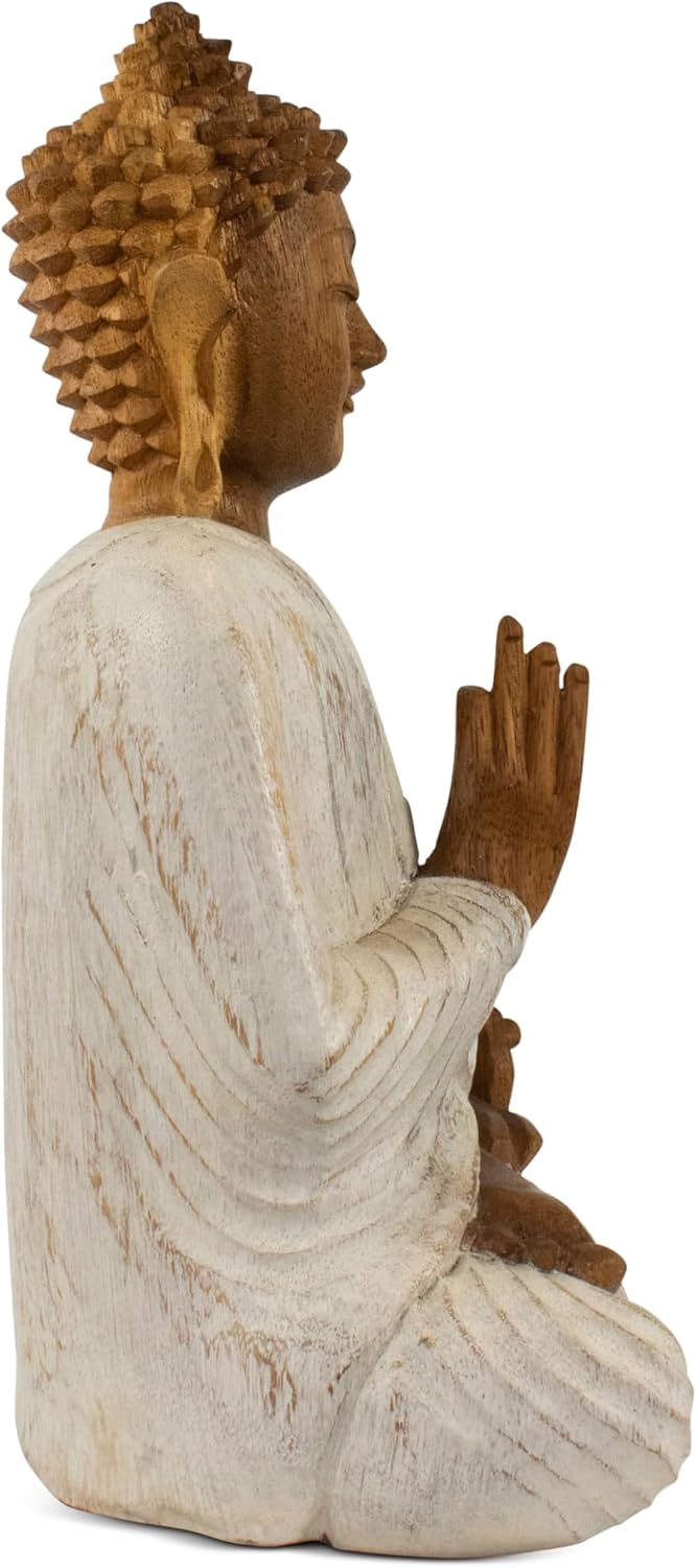 G6 Collection Wooden Serene Meditating Sitting Buddha Art Statue Hand Carved Sculpture Home Decor (16' Tall – Whitewashed)