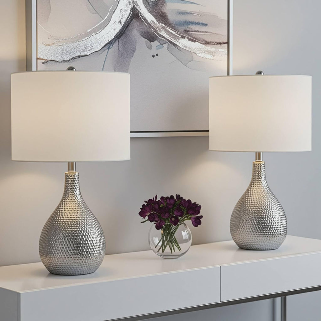 360 Lighting Titus 24 1/2' High Modern 3-Way Table Lamps Set of 2 Hammered Silver Fabric Shade Living Room Bedroom Bedside Nightstand House Office Home Reading Kitchen Entryway Console Family
