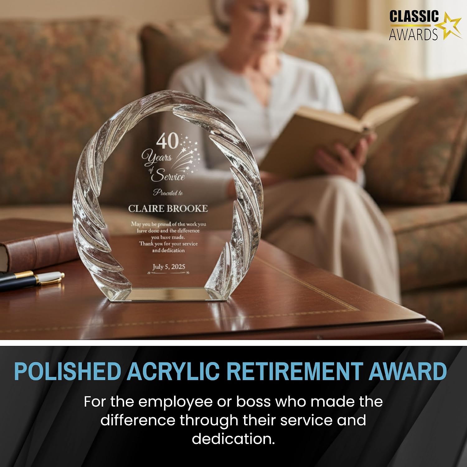 Personalized Acrylic Retirement Gifts For Men and Women, Laser Engraved Custom Trophy for Service Recognition, Years Of Service Retirement Trophy Award for Boss, Employee, Teacher (Oval Crystal)