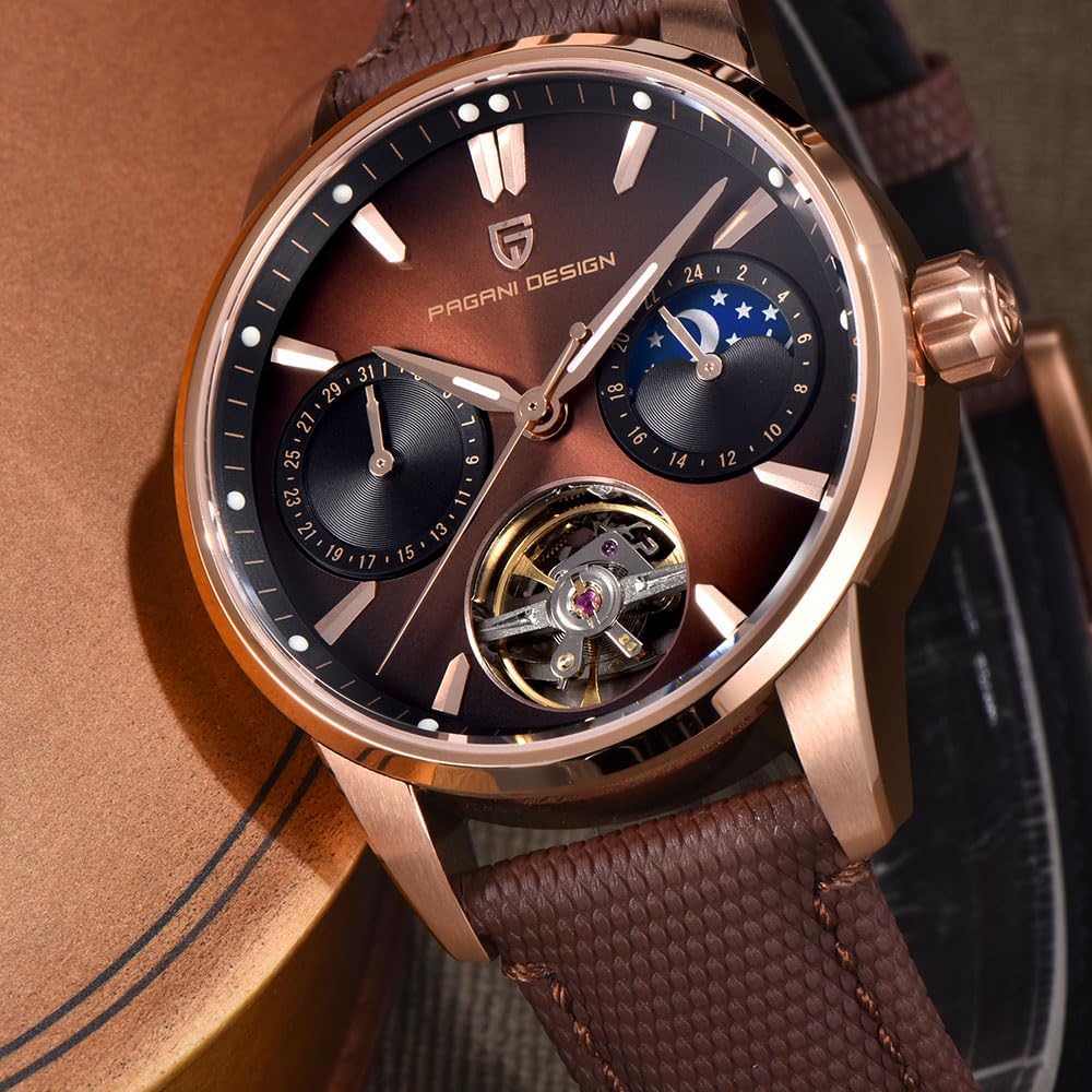 Pagani Design Luxury Men's Automatic Watch Skeleton Tourbillon Moon Phase Stainless Steel 100m Waterproof Leather Strap Men's Mechanical Watch