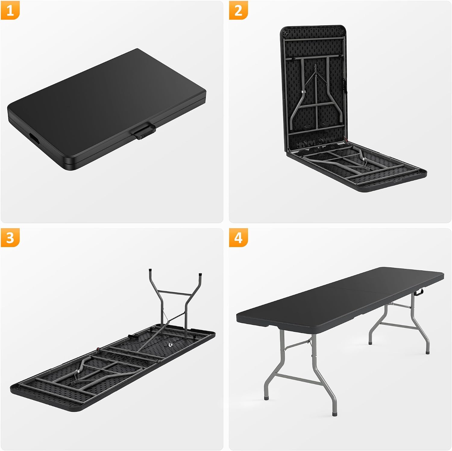 RUIE 8 Foot Folding Table with Carrying Handle, HDPE Foldable Table Indoor Outdoor Heavy Duty Portable Plastic Table, Folding Tables for Picnic Camping Party, Black