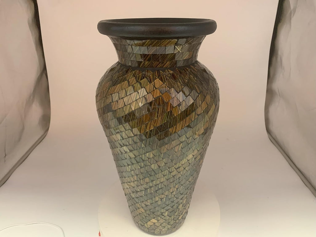 Floor Vase, 18 Inch Mosaic Vase – Tall Cylinder Made of Terracotta with Brown, Black, and Olive Green Glass Mosaic Pieces – Handcrafted Decorative Home Décor Accent Piece for Bedroom, Office