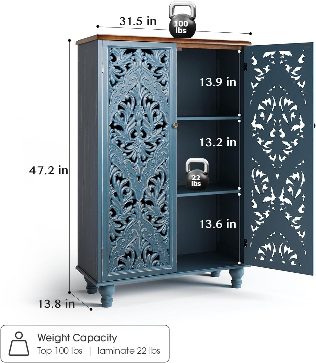 JOINICE 47' Tall Accent Cabinet with Doors and Shelves, Storage Cabinet with Solid Wood Legs for Living Room,Entryway,Dining Room,Bedroom(Blue & Walnut)