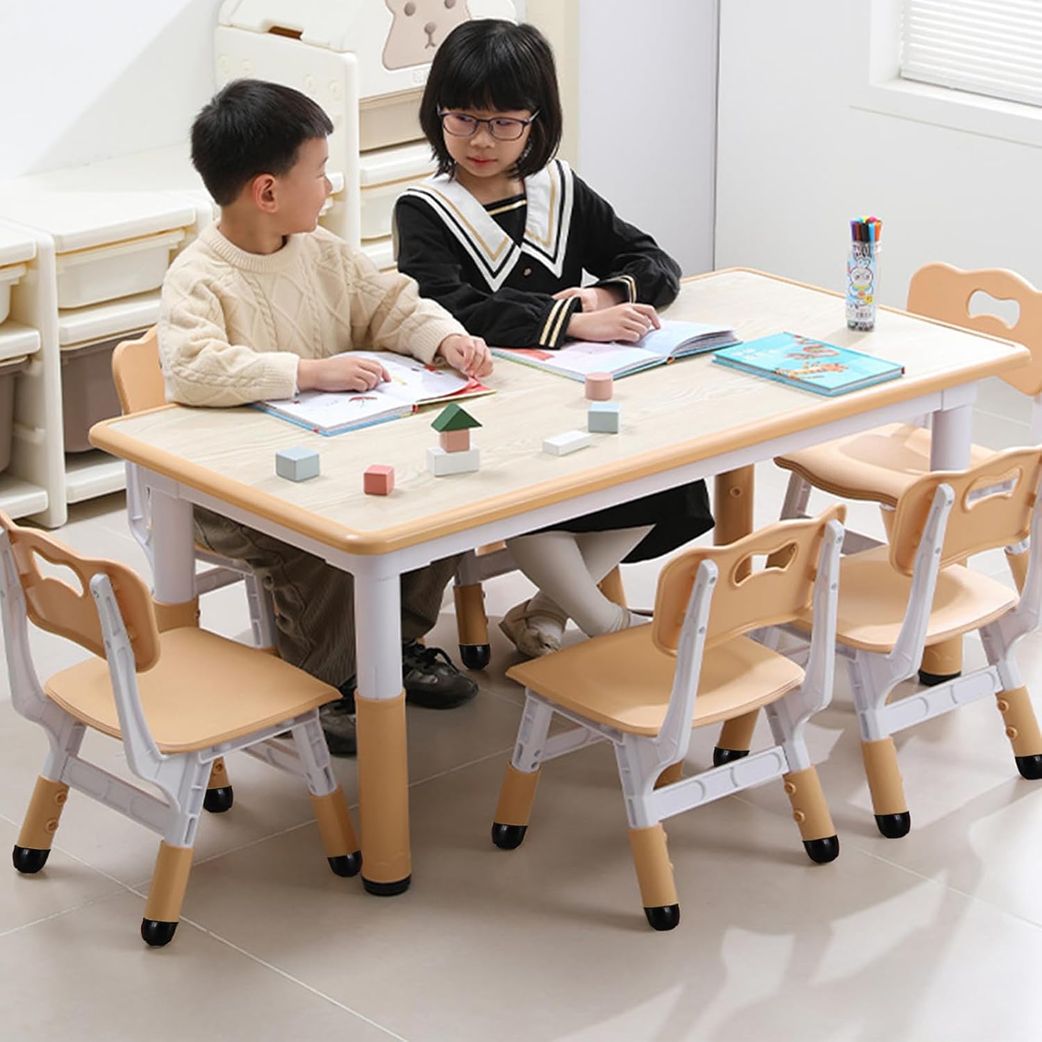 Garvee Kids Table and 6 Chair Set,47 in Modern Height Adjustable Toddler Table and 6 Chairs Set with Non-Slip Desk Legs&Organizer Graffiti Desktop, Preschool Activity Art Craft Tables for 6(Khaki)
