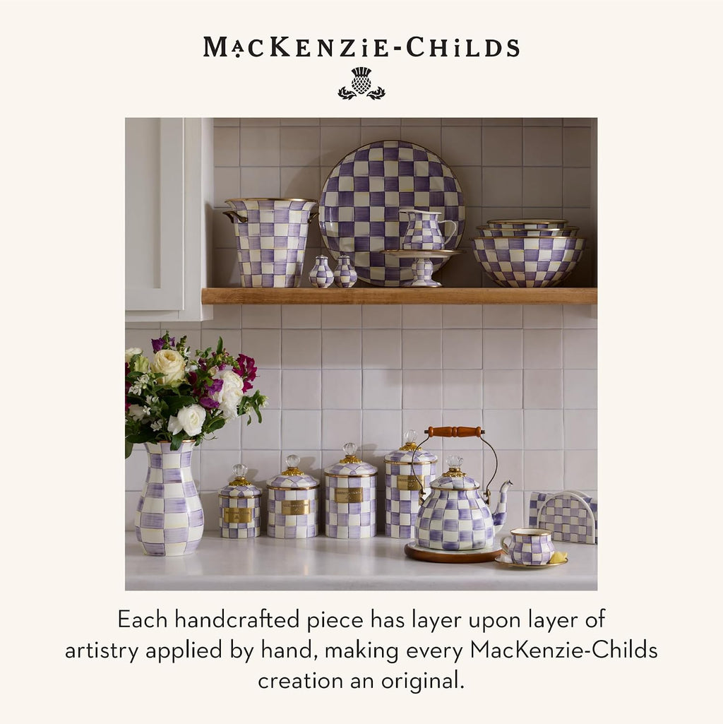 MACKENZIE-CHILDS Enamel Vase, Unique Flower-Vase Decor for Living Room, Tall, Purple-and-White Violet Check